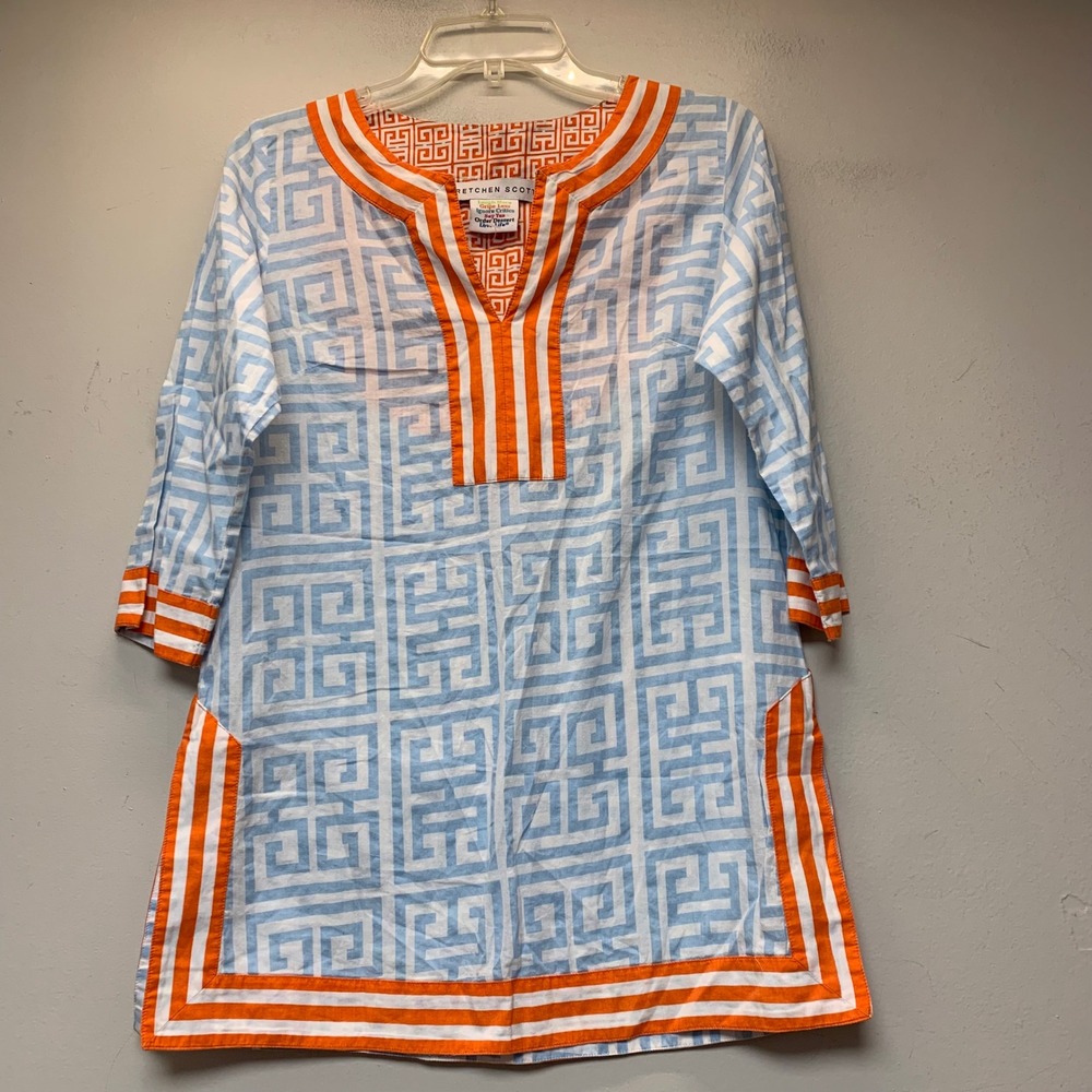Gretchen Scott Tunic Top Womens Small Blue Orange Excellent Greek Key Cotton